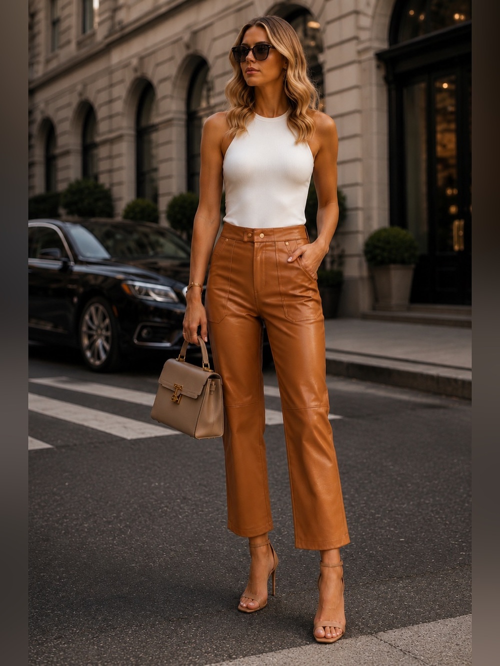 Blank NYC Vegan Leather Pants Tan High Rise Cropped Straight Leg Chic Luxe Pants - Picture 1 of 7